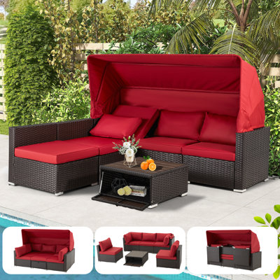 7 Pieces Patio Furniture Sets, Rattan Daybed With Retractable Canopy, Outdoor Sectional Sofa Set With Adjustable Backrest, Chaise Chair