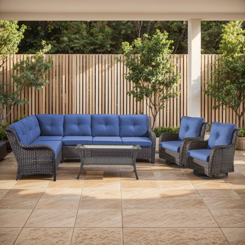 Ensemble de conversation modulaire en rotin pour 7 personnes avec coussins 7 personnes, Bleu, Brun