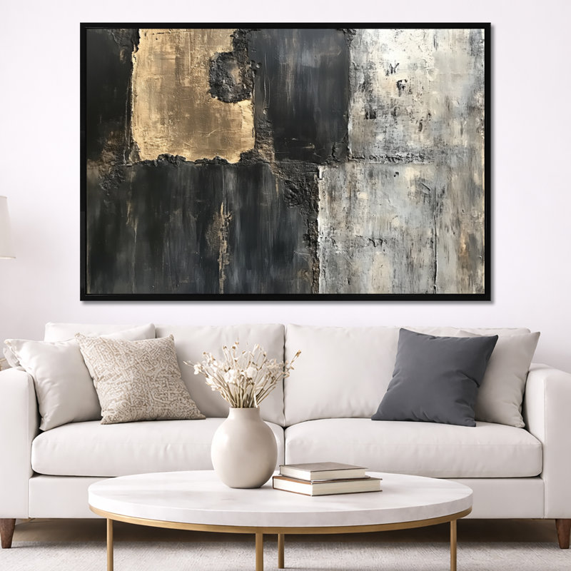 «Slab Collage», art mural abstrait gris et noir, Jeff, H 40 po x l 60 po, Cadre flottant noir