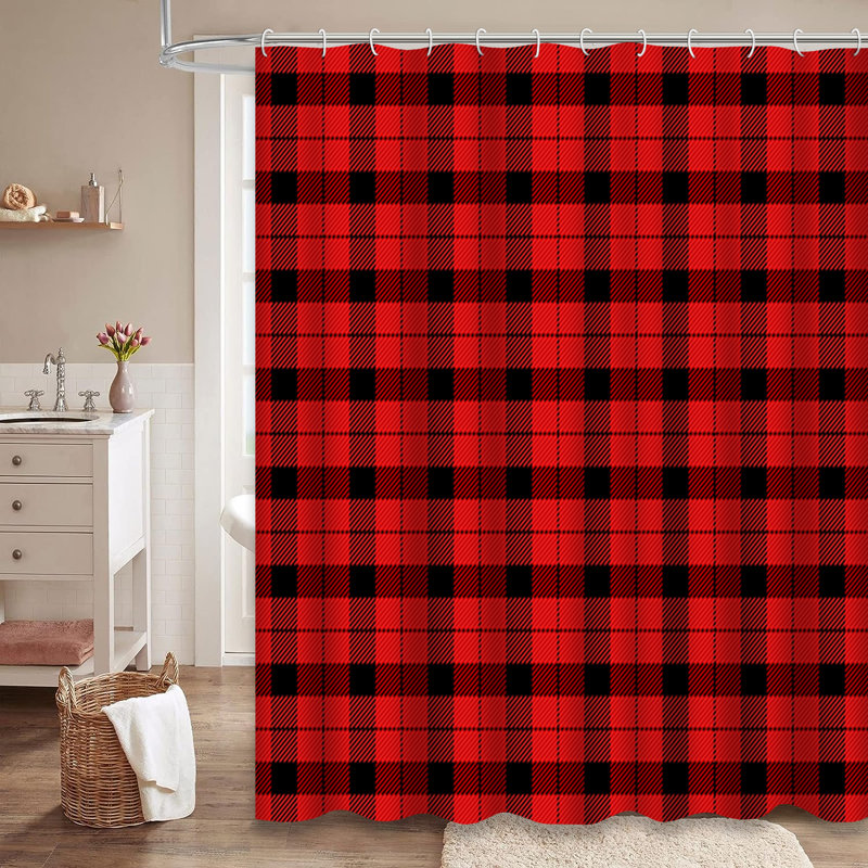 Black Red Christmas New Year Tartan Plaid Shower Curtain with 12 Hooks, L 72 po x l 84 po