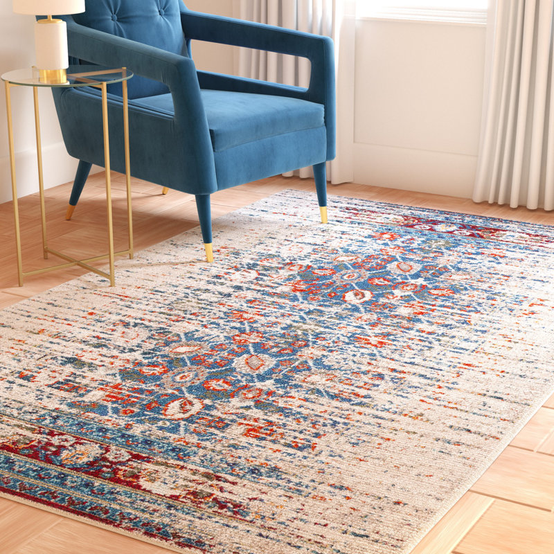 Tapis oriental bleu Hertzler, Rectangle 4 pi x 5 pi 7 po, Ivoire / Bleu
