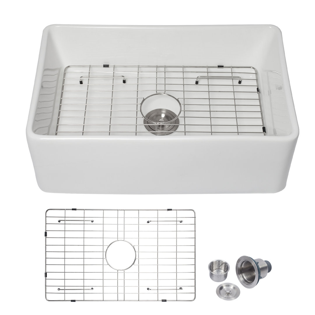 30" L x 20" W Ceramic Farmhouse Kitchen Sink, Reversible Single Bowl Kitchen Sink with Sink Grid and Basket Strainer Kichae