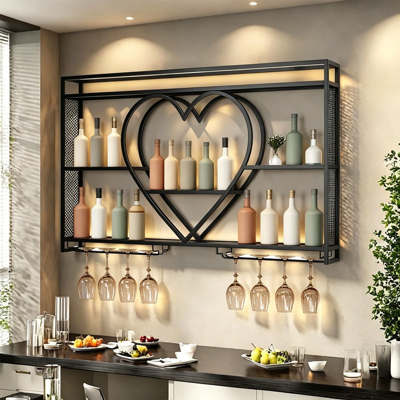 Support à vin mural avec éclairage à DEL, tablette de bar en métal à 3 niveaux pour bouteilles de vin et porte-verres à pied, organisateur de rangement peu encombrant pour bar ou cave à domicile