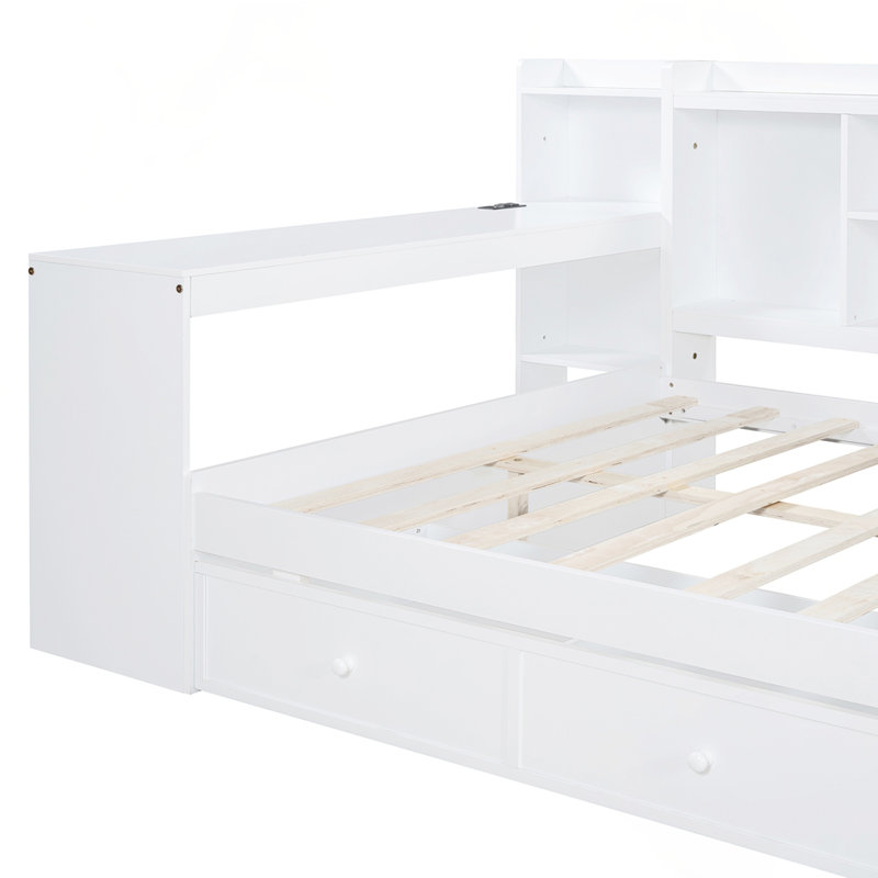 Wooden Daybed With 3 Drawers, USB Ports and desk, White, Full