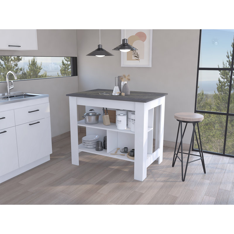 Îlot de cuisine avec table de préparation spacieuse, 3 tablettes de rangement ouvertes, 4 pieds robustes et poste de travail de préparation au repas pour une table d'îlot de cuisine moderne, fonctionnelle et organisée