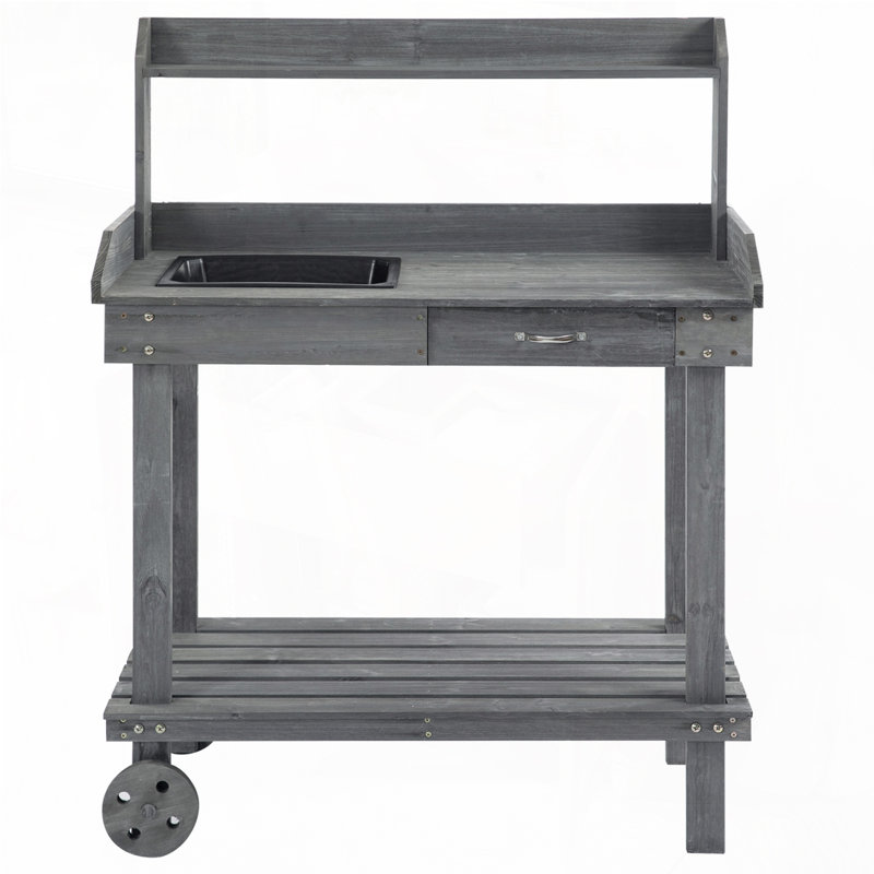 Wooden Potting Bench Work Table with 2 Removable Wheels