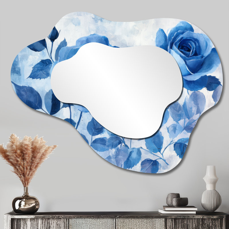 Blue Velvet Roses Garden Of Loves I - Roses Asymmetrical Wall Mirror, Modern Vanity Mirror, Printed on Metal, 27" x 35"