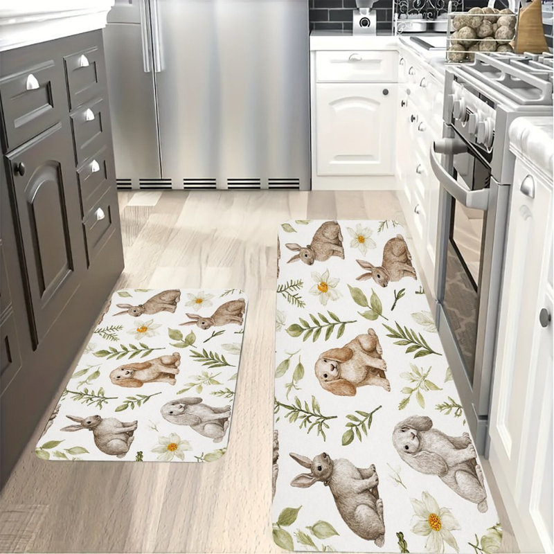 Ensemble de 2 tapis de cuisine aquarelle, lapins et fleurs