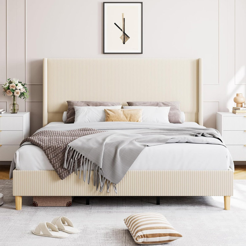 Full Size Corduroy Upholstered Platform Bed Frame with Vertical Channel Tufted Wingback Headboard, Sturdy Wooden Slats,Easy Assembly, Cream