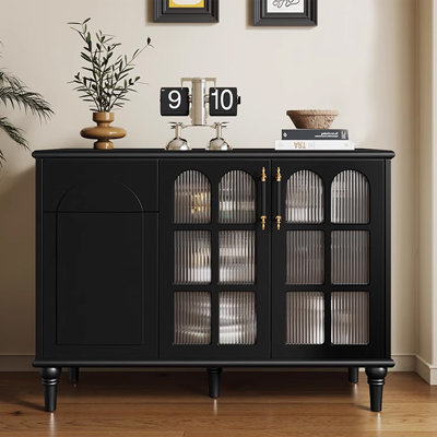Black Retro Solid Wood Fluted Glass Accent Storage Sideboard