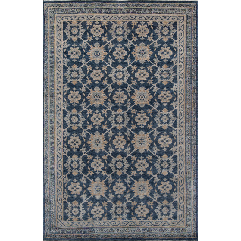 Tapis bleu en laine noué à la main Spirzer, Rectangle 2 pi x 3 pi