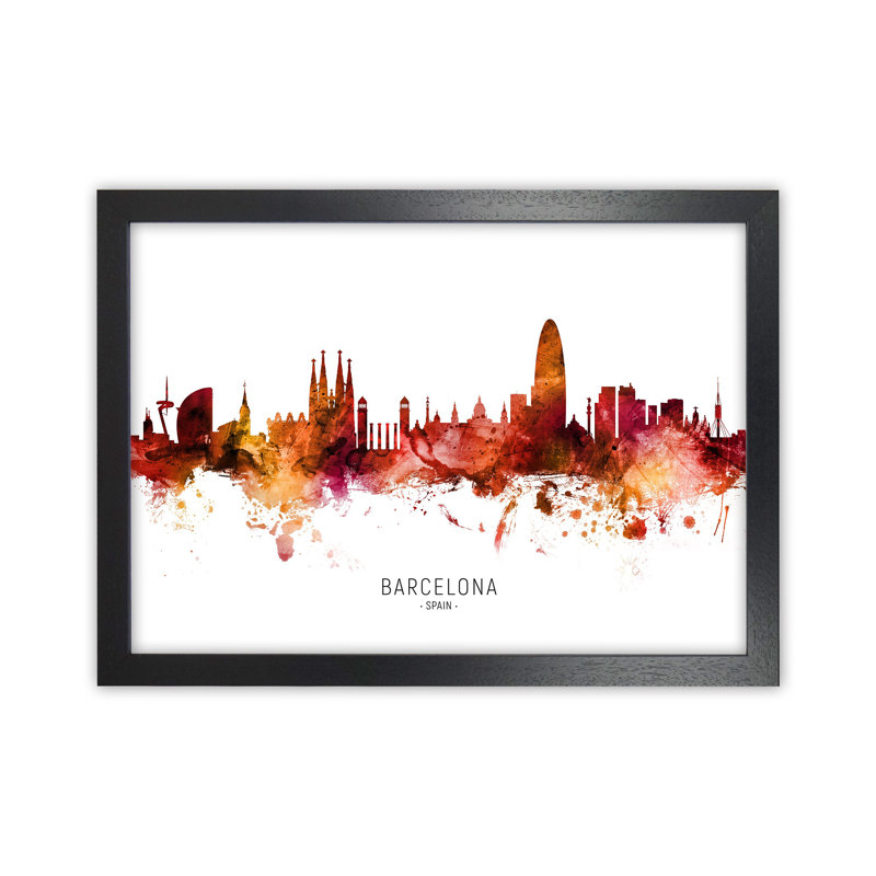 Barcelona Spain Skyline Red City Name by Michael Tompsett - Print, Black Framed, 34cm H x 46cm W x 3cm D