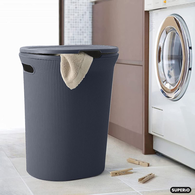 Decorative Ribbed Laundry Hamper, 19.5" H x 16" W x 13" D, Gray