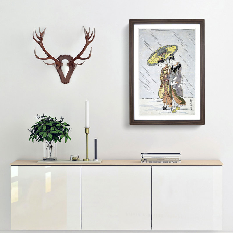 Women in a Storm by Harunobu Suzuki - Picture Frame Painting Print, Walnut Framed, 48cm H x 36cm W x 2cm D