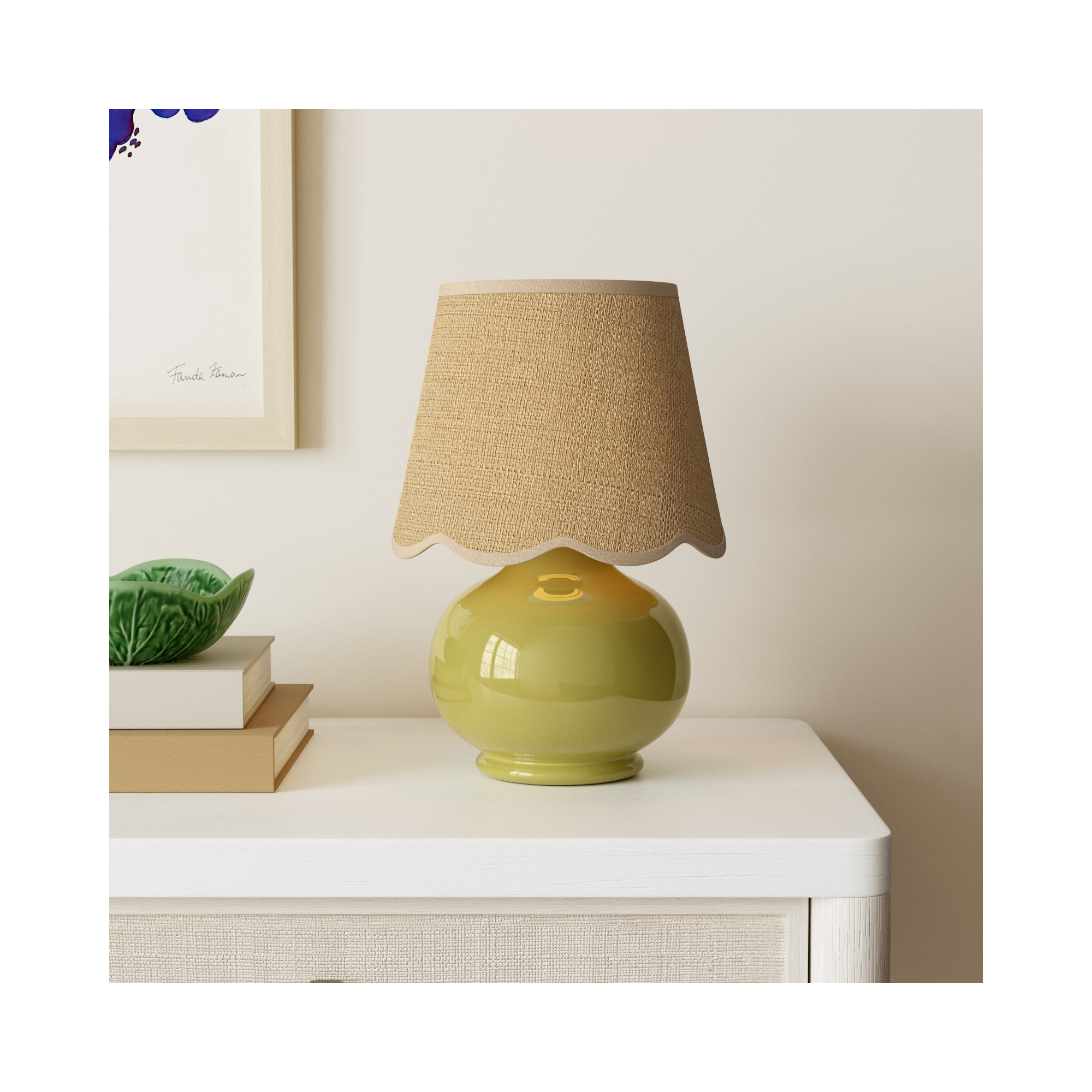 Momsen Scallop Shade Lamp, 13"" H x 8"" W x 8"" D, Natural, Chartreuse