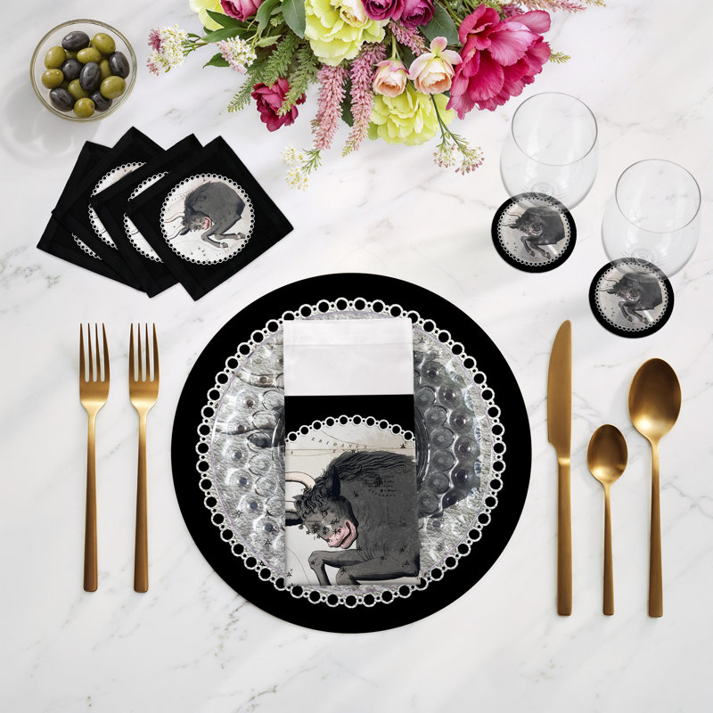 Zodiac Taurus Black Vegan Leather Round Coasters, Black