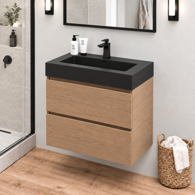 Meuble-lavabo suspendu moderne de 61 cm (24 pouces) en noyer brun avec lavabo intégré noir et 2 tiroirs de rangement, fixé au mur et entièrement assemblé.