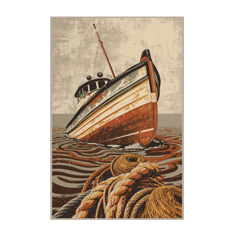 Machine Washable Mendon Fishing Boat Rustic Rug in Beige – Beige Binding, 5x8
