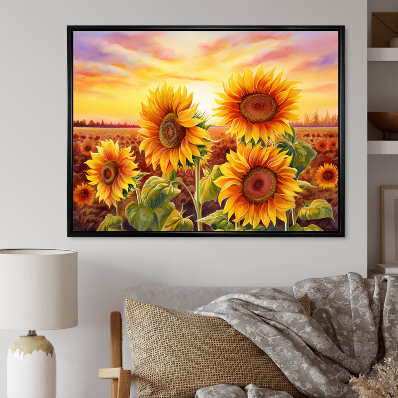 «Burning Sunset Sunflowers Field» sur toile, H 34 po x l 44 po x P 1,5 po, Cadre flottant noir