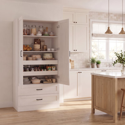 Garde-manger autoportant de 180 cm de hauteur avec 2 tiroirs, meuble de rangement en bois avec étagères réglables et plateaux coulissants, pour cuisine ou salle à manger