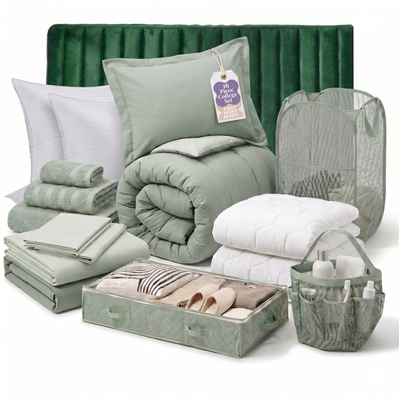 Ensemble de dortoir pour Collège simple 16 pièces AMYX, Velvet Headboard, Sage, Down Alternative pillows