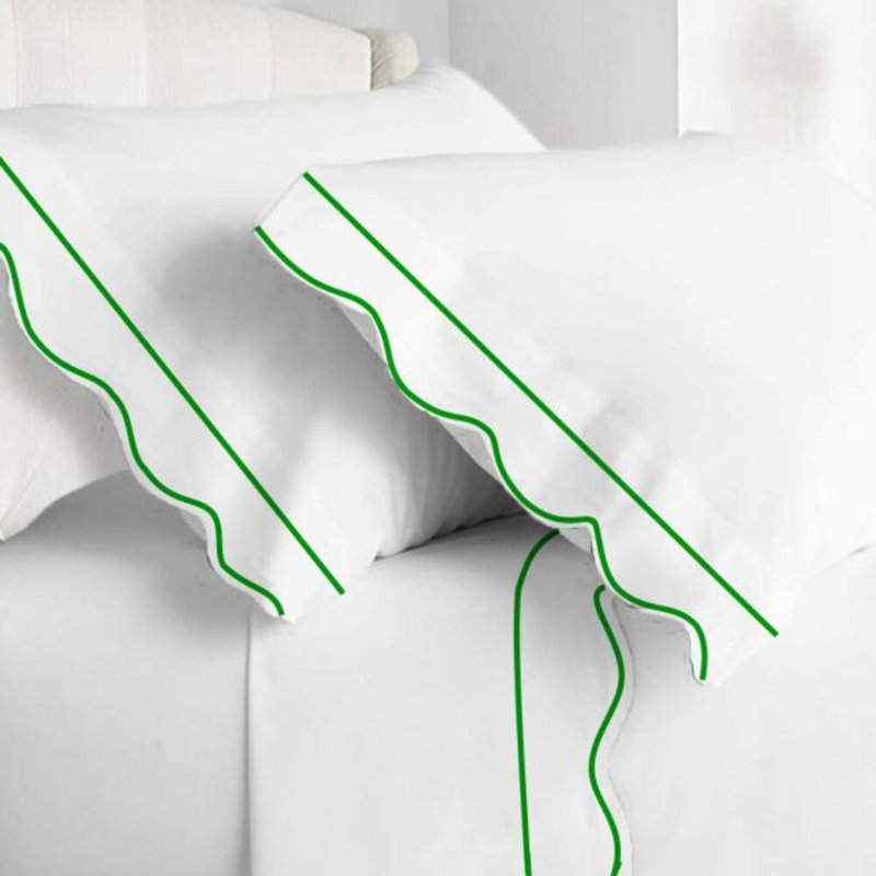 400TC Cotton Scallop Embroidery & Border Cotton 4 Piece Sheet Set Fitted Sheet Fits Upto 16" Deep Pocket, Green Border