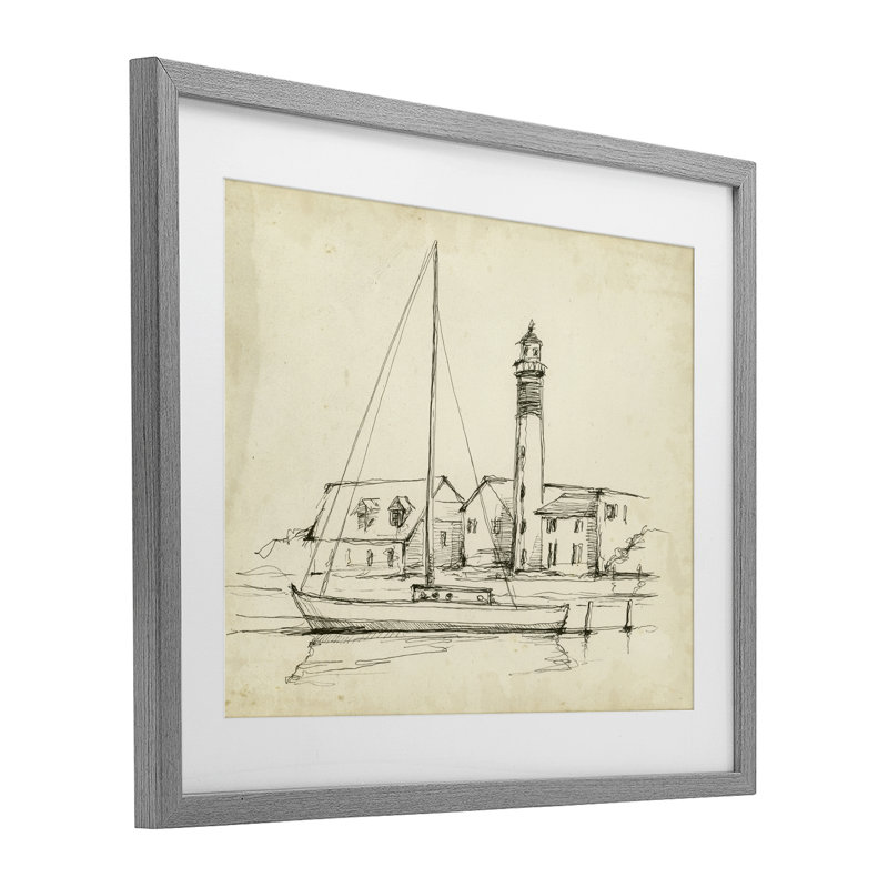 Phare et étude de bateau, reproduction encadrée sous verre, conception par Ethan Harper, H 13 po x l 16 po