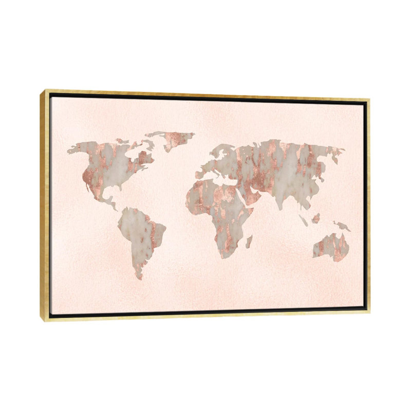 «World Map Rose Gold», reproduction sur toile flottante, H 40 po x l 60 po x 1,5 po, Toile encadrée d'or