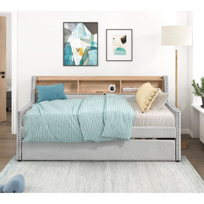 1Pc Light Gray Daybed With Pull-Out Trundle Bookcase Side Panel Charging Ports Nailhead Trim Modern Design Furniture (Not King Size)