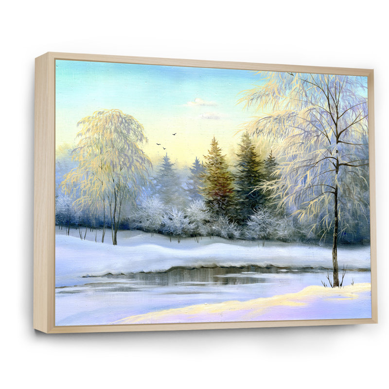 «Beautiful Winter River Landscape Pendant Sunset», peinture sur toile, H 24 po x l 32 po, Cadre flottant en érable