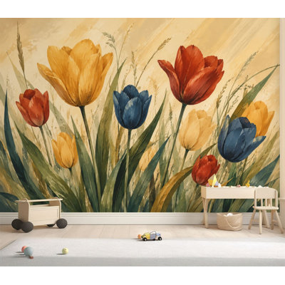 Papier peint adhésif peler et coller tulipe abstraite florale jaune chaud bourgogne tons bleus papier autocollant amovible pour décoration de salon Chambre H 69 po x l 96 po