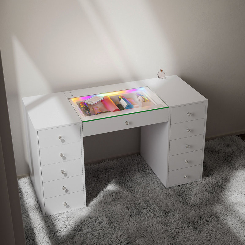 51.2" Vanity Desk With RGB LED Light Strip, Modern Glass Top Makeup Vanity With 11 Drawers, Large Dressing Table With 6 Color Lighting Modes For Bedroom