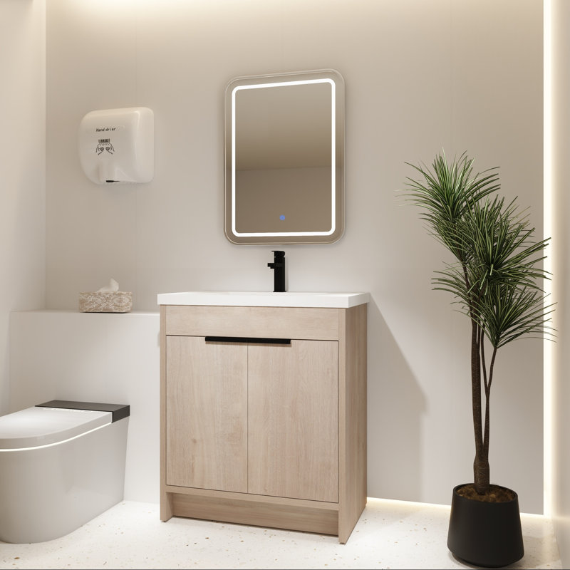 Meuble-lavabo autoportant de 30 po avec lavabo en résine et rangement à fermeture en douceur