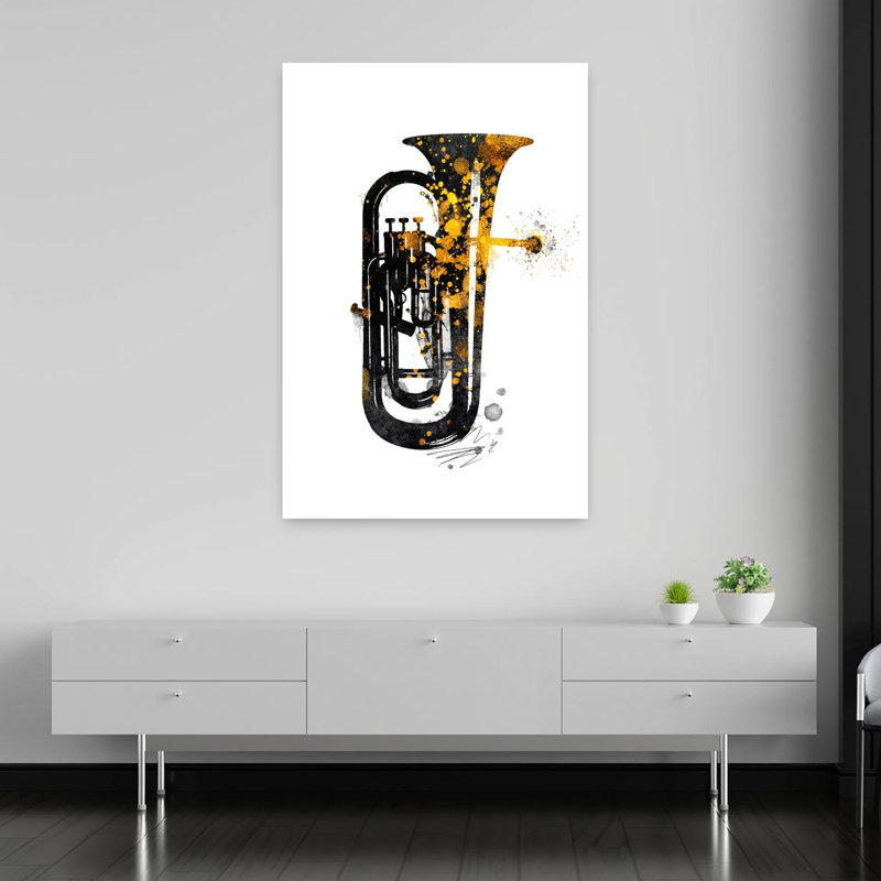 Art mural contemporain audacieux Golden Tuba Splash, 60" H x 40" W