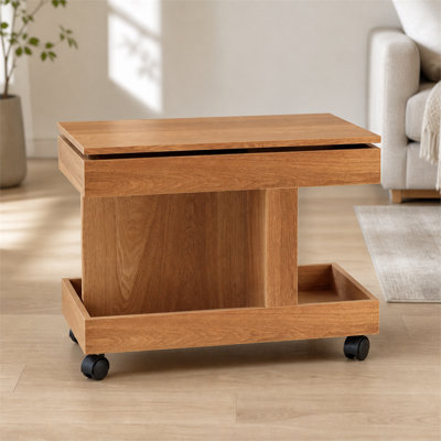 Multifunctional side table in a natural wood finish, featuring 360° rotating tabletop storage—a rolling coffee/storage table suitable for living rooms and bedrooms.