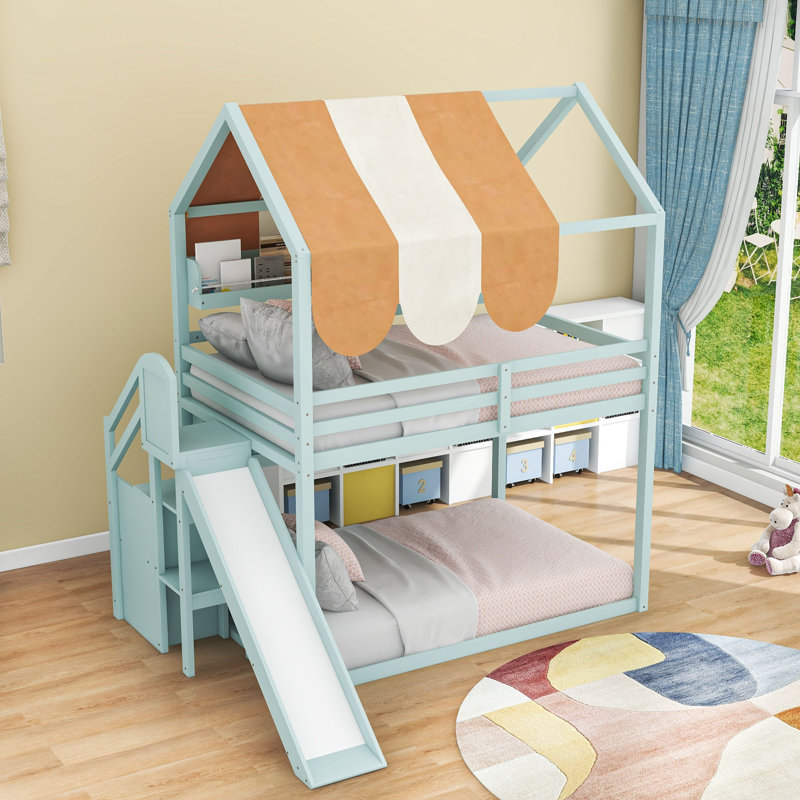 House Bed With Canopy And Bookshelves, Light Green