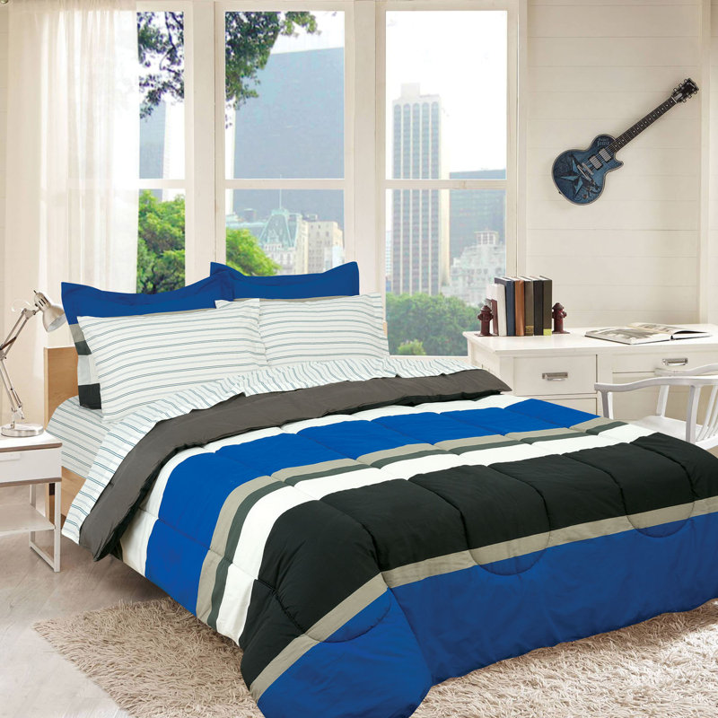 Rugby Polyester Channel Striped Comforter, Twin Comforter + 1 Sham + 1 Pillowcase, Gray