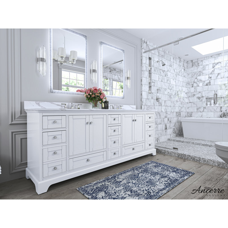 Audrey 84'' Free Standing Double Bathroom Vanity with Calacatta Quartz Top, White, Brushed Nickel