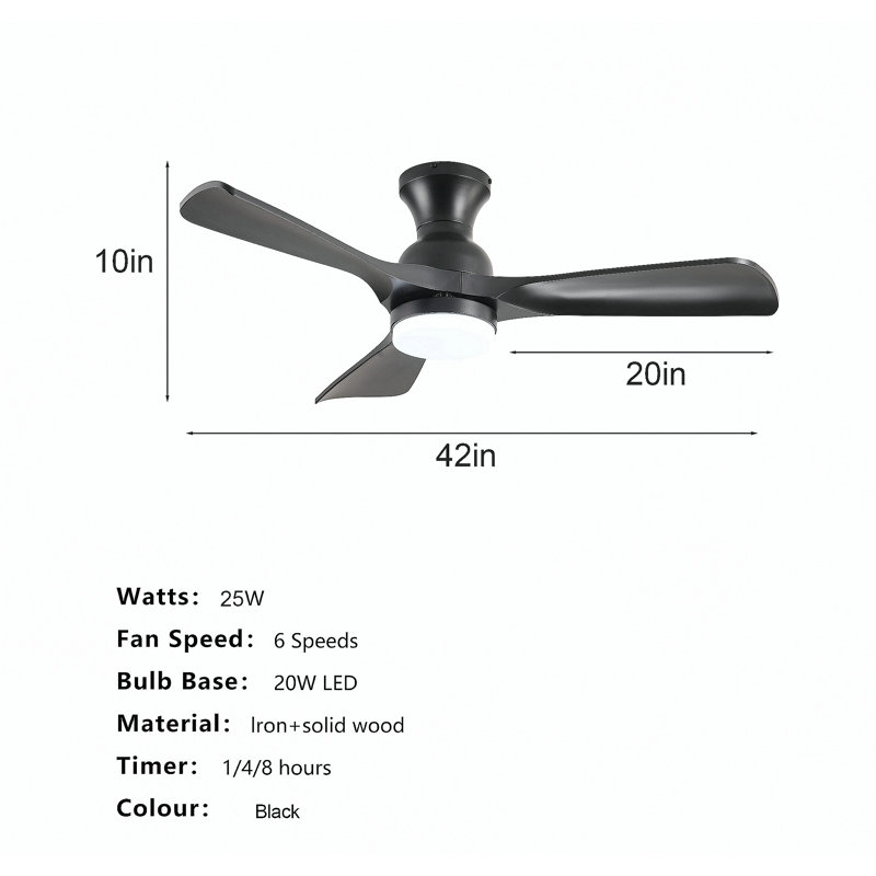 Ventilateur de plafond noir 41,7 po avec lumière, 3 pales en ABS noir, moteur à courant continu réversible à 6 vitesses pour chambre à coucher, salle à manger, salon