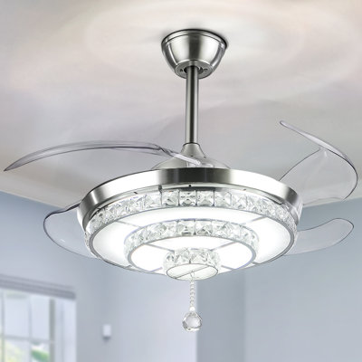 42" Retractable Crystal Ceiling Fan with LED Lights and 6-Speed Reversible DC Motor