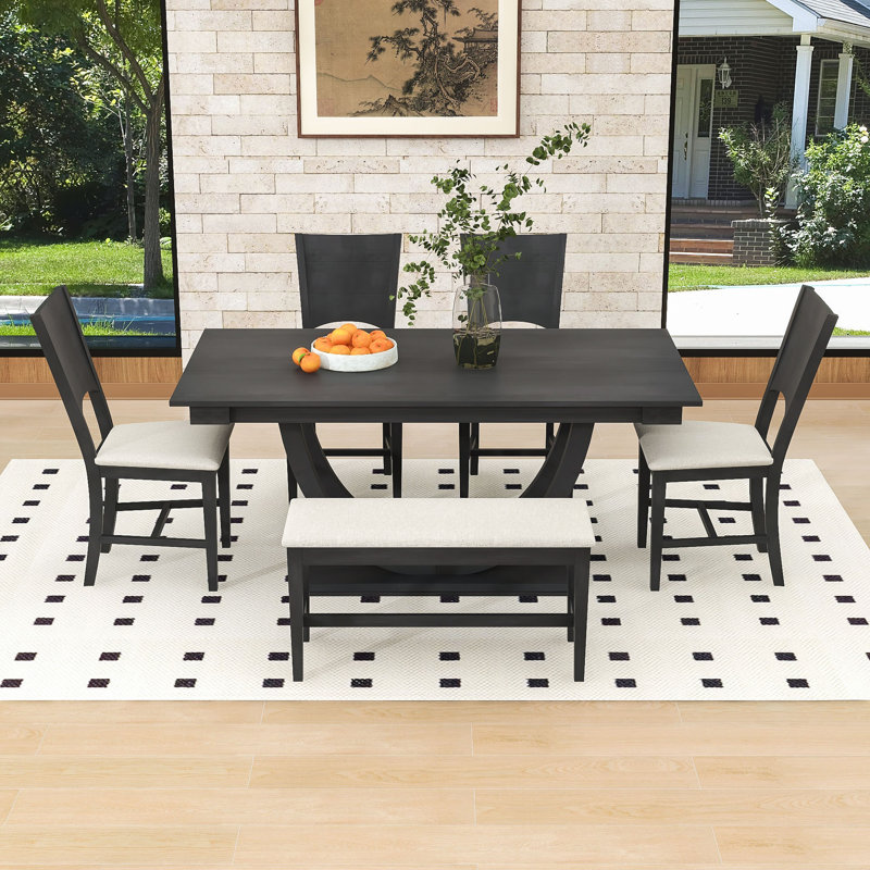 6-Piece Dining Table Set, Rectangular Dining Table with 4 Chairs and Bench, Gray