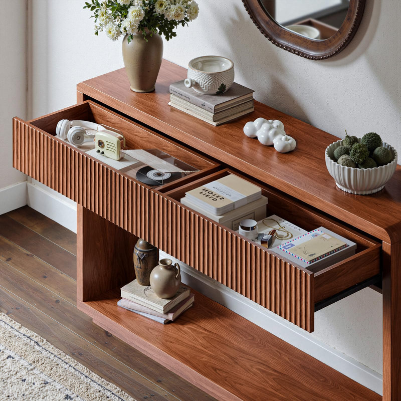 59'' Entryway Table With Drawers, Boho Fluted Console Table, Sofa Table With Storage, Brown Wood