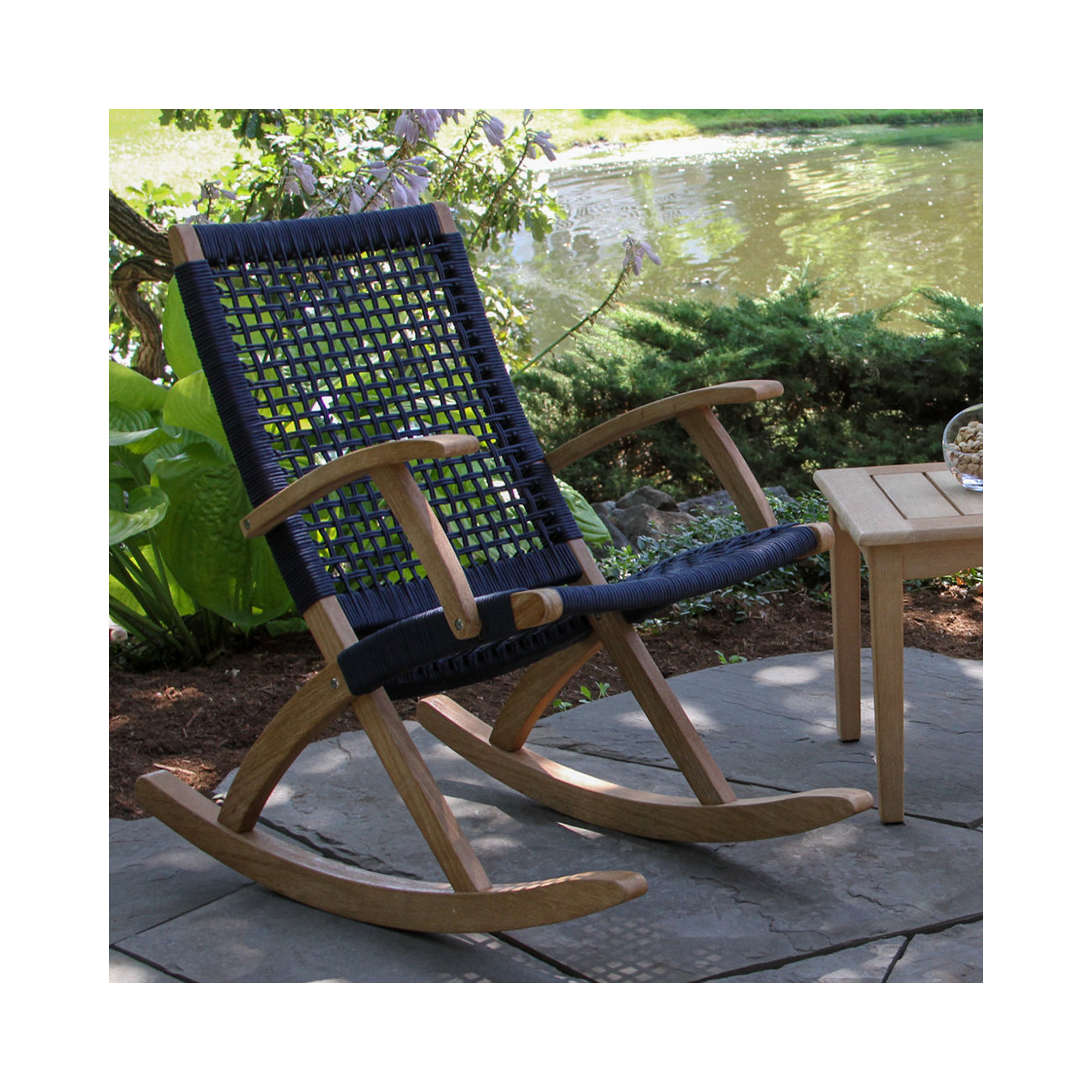 Outdoor Brayson Rocking Solid Wood Chair, Light Brown/Blue Rope