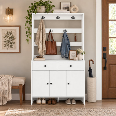 Modern Hall Tree With Shoe Storage And Coat Rack For Entryway, Entryway Organizer With 8 Shoe Cubbies & 8 Coat Hooks