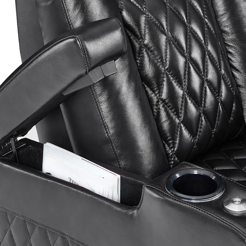 Leather Power Reclining Home Theater Seating with Cup Holder, Black Genuine Leather