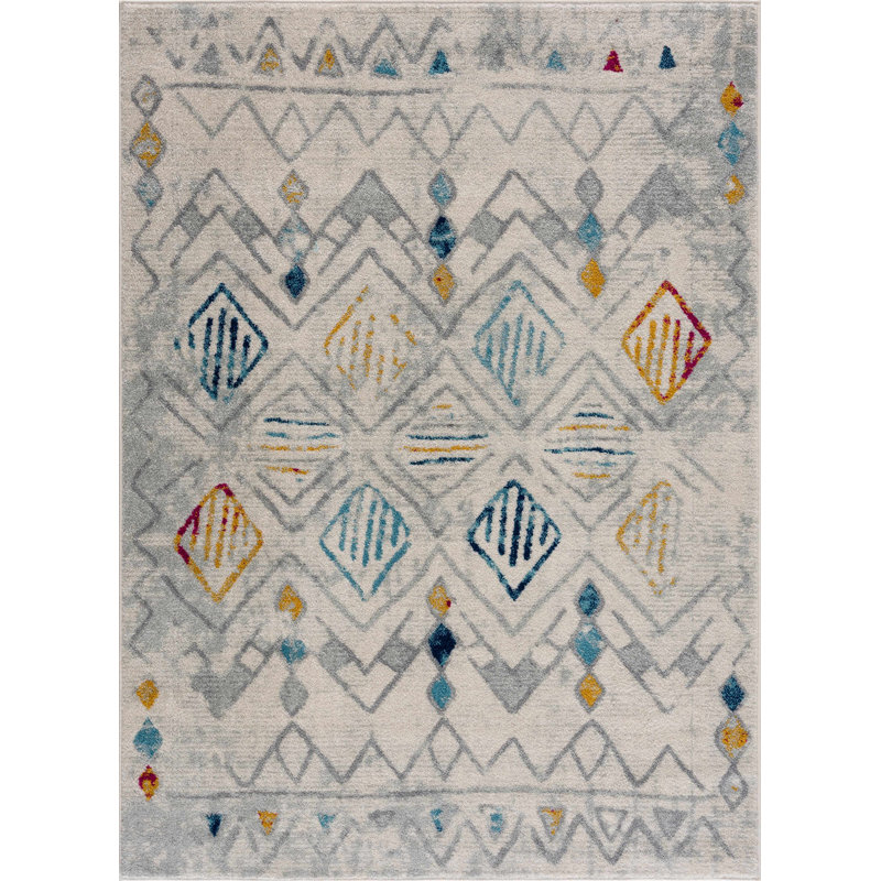 Tapis rectangulaire gris en polypropylène tissé à la machine Southwestern, Rectangle 6 pi 7 po x 9 pi