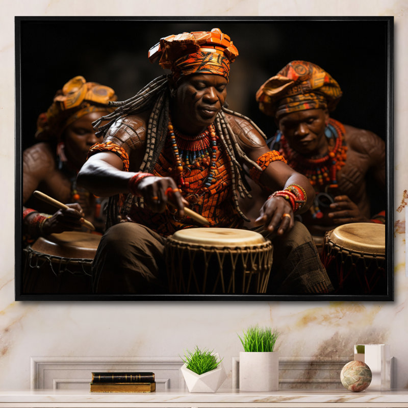 Tambour africain rythmique II - art mural africain, Cadre flottant noir, H 34 po x l 44 po x P 1,5 po
