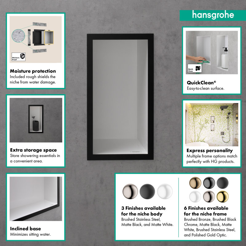 XtraStoris Individual Wall Niche Matte White with Design Frame 12"x 6"x 4", Polished Gold Optic