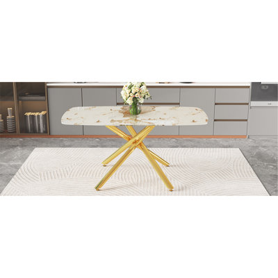 Table de salle à manger luxueuse en verre trempé de 63 po x 35,4 po à motif de marbre blanc. Pieds de table en métal noir à fourche simple. Plateau de table en verre trempé, pied en métal noir. Rendez-le adaptable à différents styles. W1151S03299