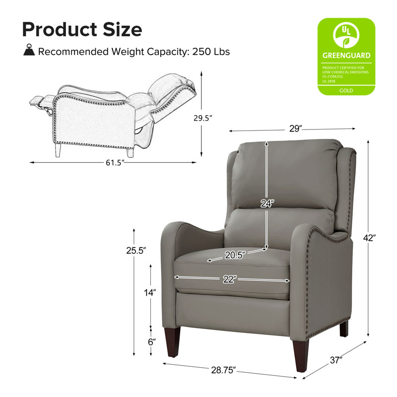 Fauteuil inclinable en cuir Beecher 28,75 po, Cuir pleine fleur Dove